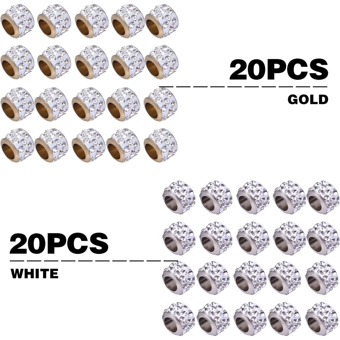 40pcs Crystal Rhinestone European Beads, Large Hole Rondelle Spacer Beads Loose Beads for DIY Charm Bracelet Snake Chain Crafts Jewelry Making Accessories, Hole: 5 mm
