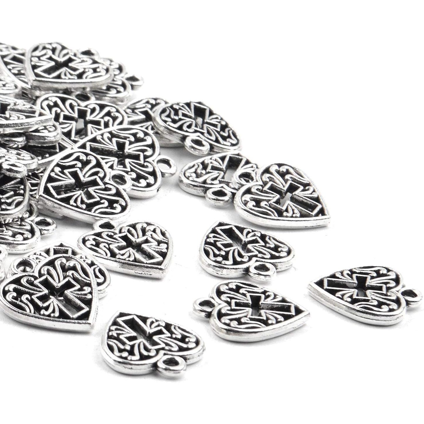 Heart Cross Charms, 50 Pieces Alloy Metal Love Heart with Cross Charms Pendants for Making Bracelet Necklace - Antique Silver