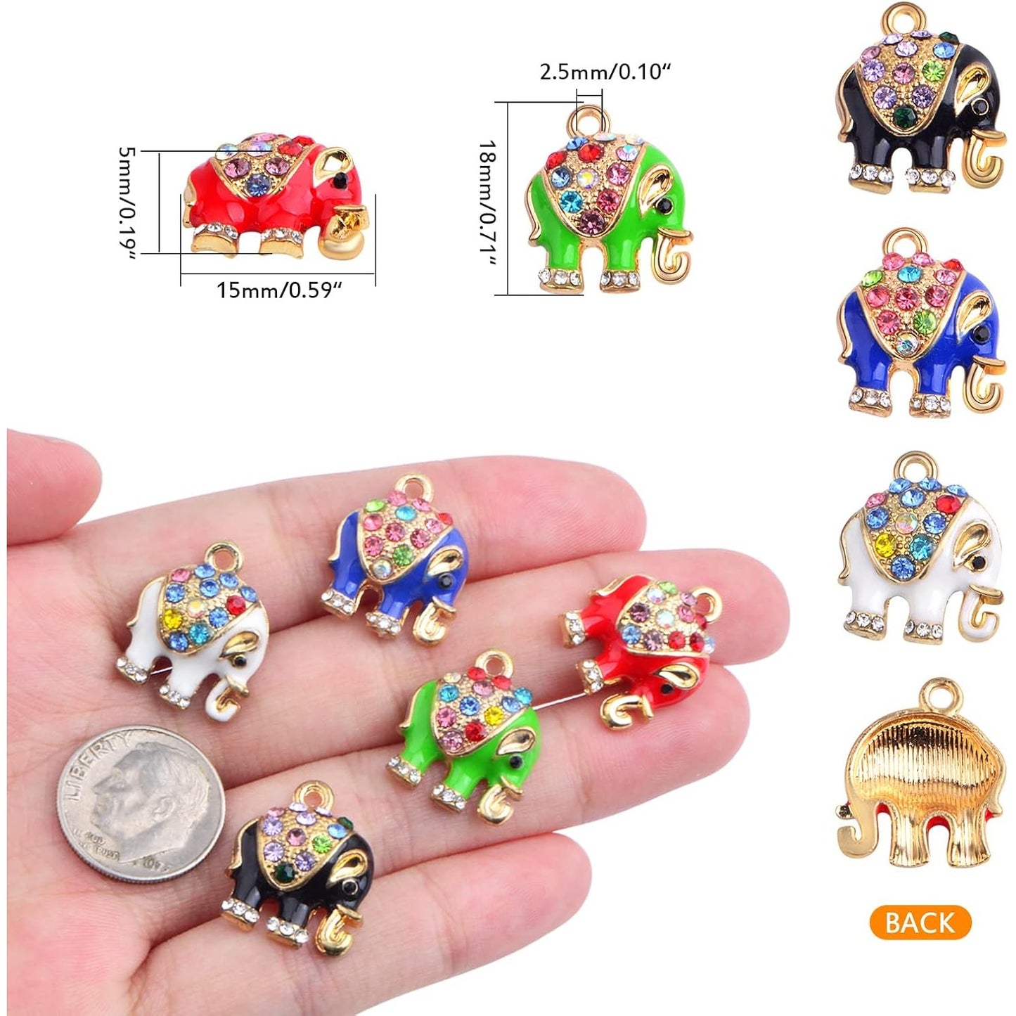 10 Pieces 5 Colors Alloy Enamel Animal Elephant Charms Rhinestone Elephant Pendants Charms Craft Supplies for DIY Bracelet Necklace Keychains Jewellery Making