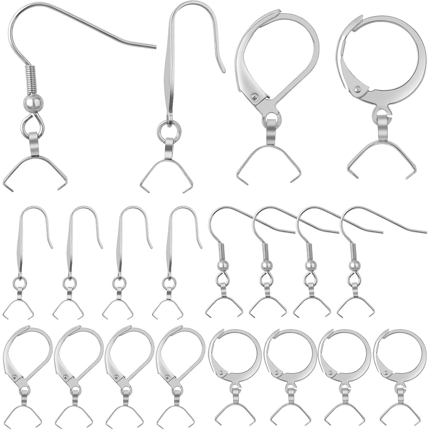 40pcs Stainless Steel Leverback Earring Hooks Hypoallergenic French Earwire Fish Hooks with Pendant Clasps Earring Components for DIY Dangle Jewelry Making Supplies, 4 Styles
