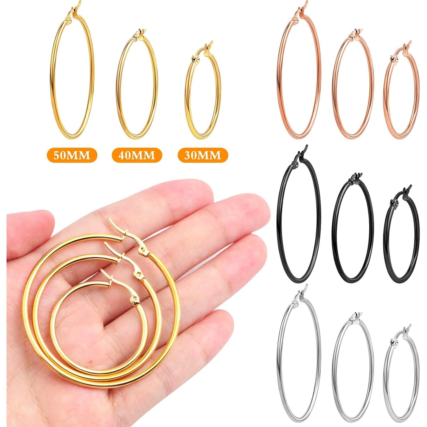 12 Pairs 3 Sizes 4 Colors Hypoallergenic Earring Hoops Findings Stainless Steel Hoops Earrings Set Big Open Beading Hoop Earrings for DIY Art Crafts Jewelry Making