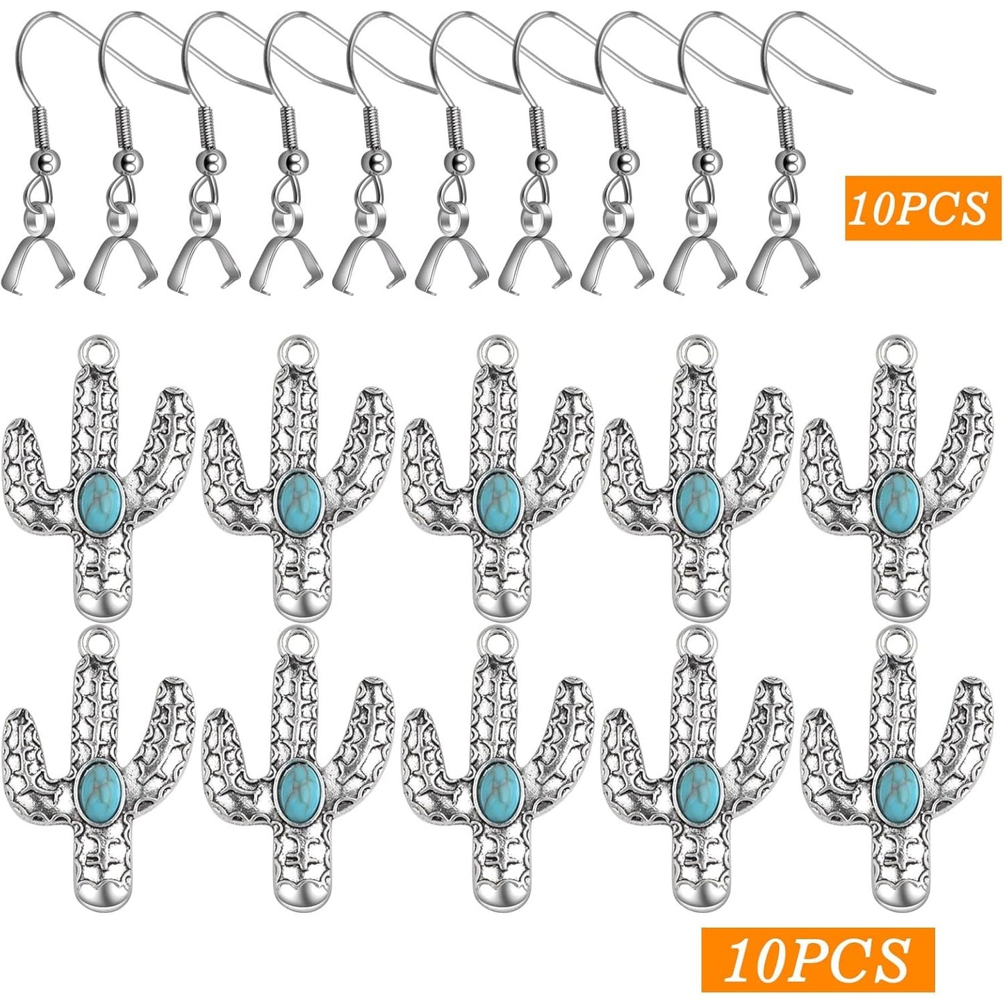 10pcs Alloy Turquoise Cactus Charms Vintage Tropical Theme Cactus Summer Desert Plant Pendants and 10pcs Silver Earring Hooks with Pendant Clasps for DIY Earrings Jewelry Making