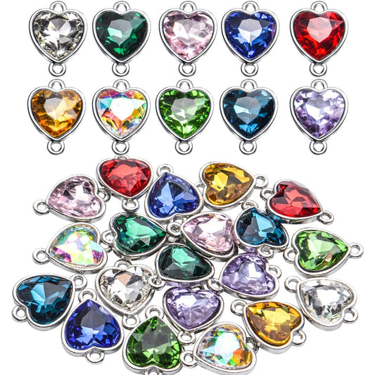 Crystal Birthstone Pendants, 20pcs Mixed Colors Heart Crystal Birthstone Charms Glass Gemstone Pendants Flat Round Glass Links Charms with Double Loop Bail Connectors for Jewelry Making