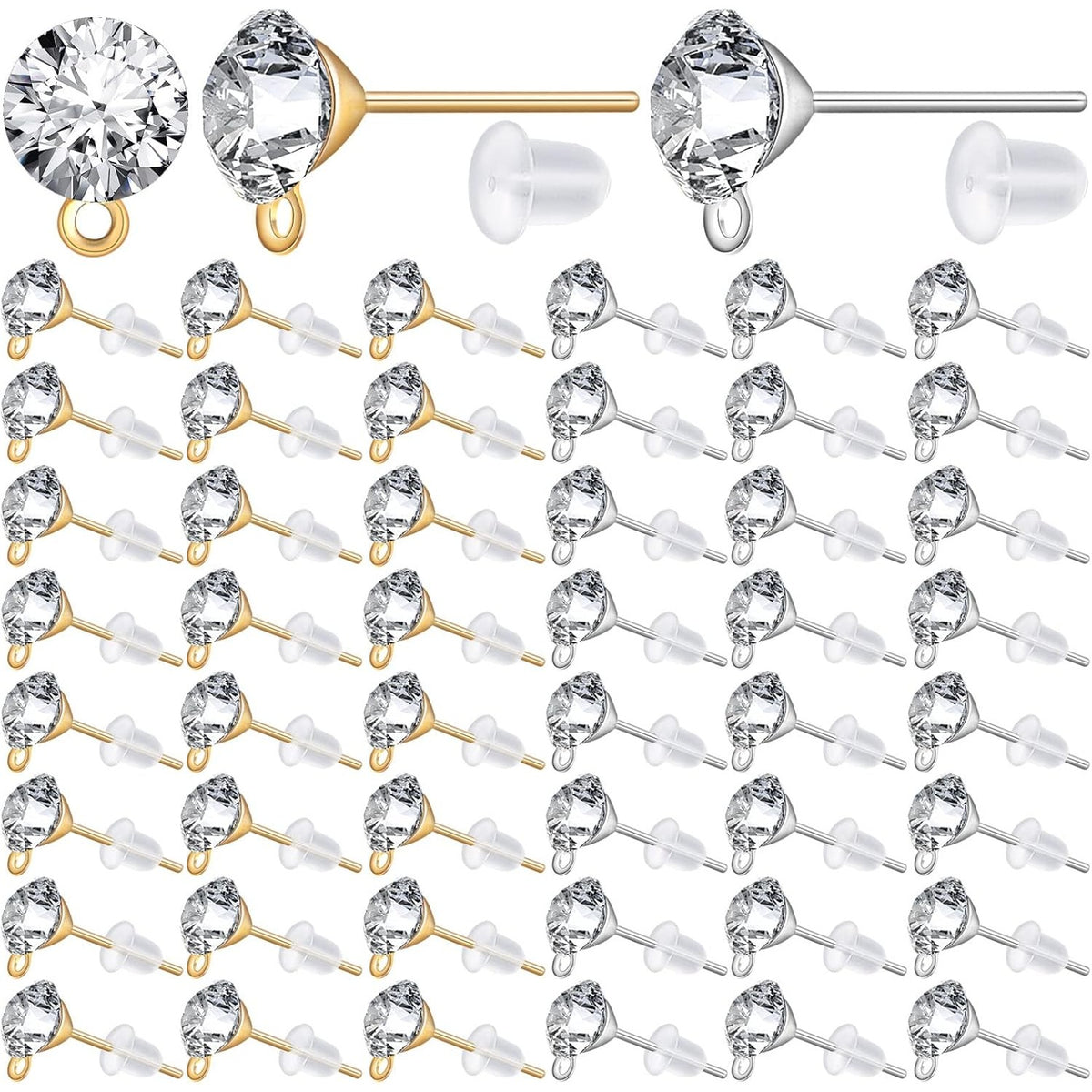 100 Pieces 6 mm 2 Colors Rhinestone Earring Studs Metal Earring Posts with Loop and 100 Pieces Clear Bullet Earring Backs for DIY Dangle Jewelry Making Supplies