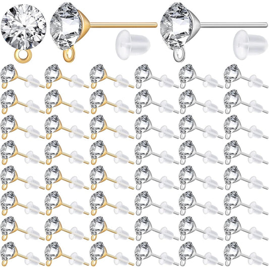 100 Pieces 6 mm 2 Colors Rhinestone Earring Studs Metal Earring Posts with Loop and 100 Pieces Clear Bullet Earring Backs for DIY Dangle Jewelry Making Supplies