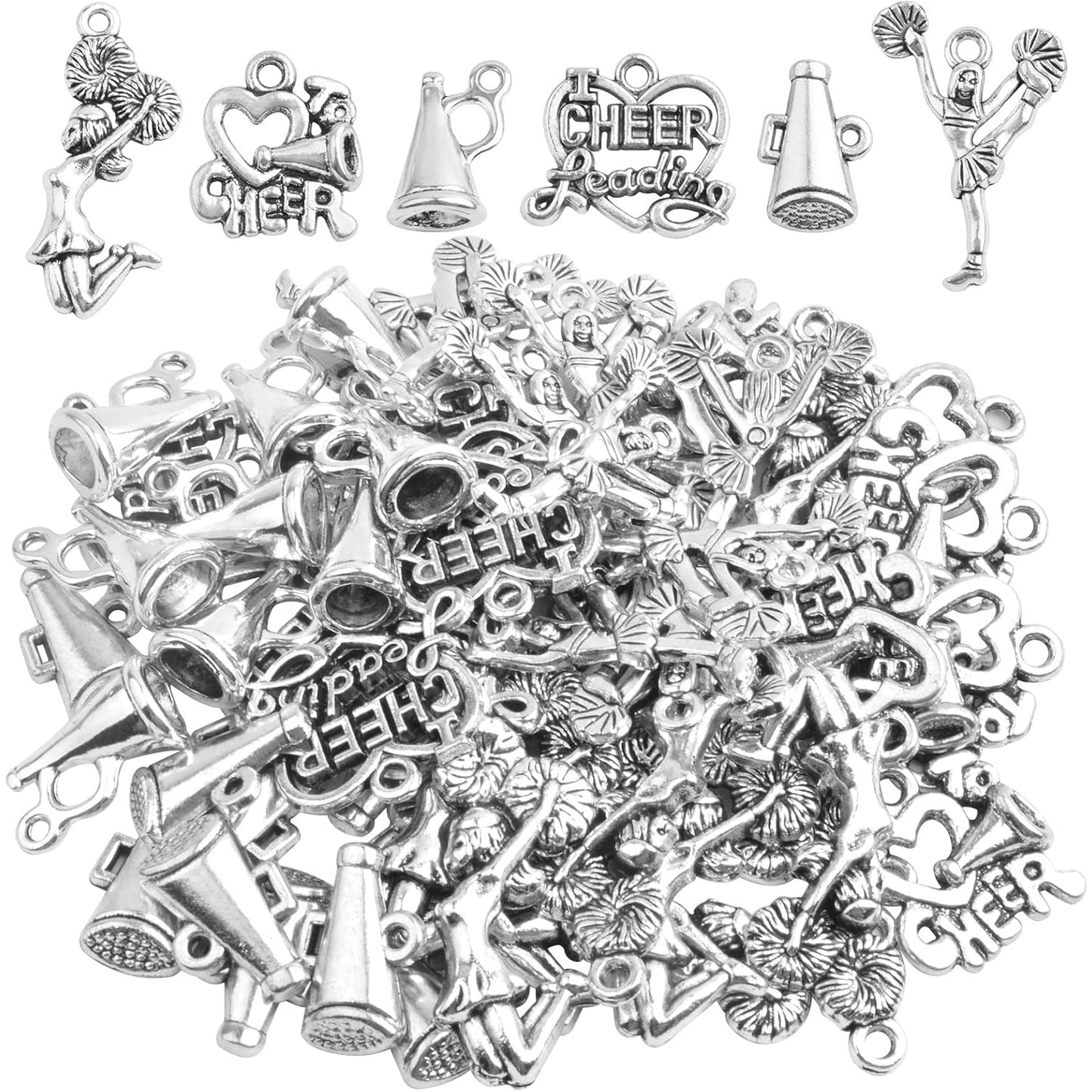 60pcs 6 Styles Antique Silver Cheerleading Theme Charms Tibetan Alloy Gymnastics School Sports Pendants Collection for DIY Necklace Bracelet Jewelry Making Supplies