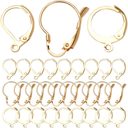 30pcs Gold Plated French Earring Hooks Hypoallergenic Stainless Steel Leverback Earwire Dangle Earring Hooks for Women Jewelry Making Christmas Party Favor, 3 Styles