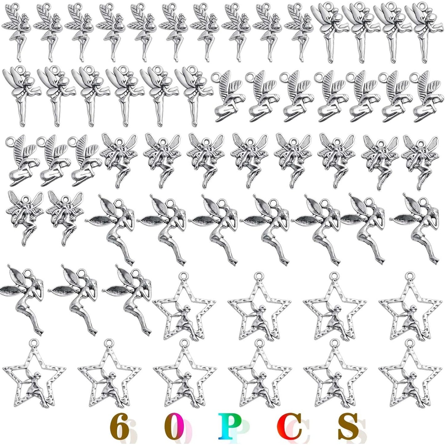 60pcs Antique Silver Angel Charms Vintage Alloy Fairy on Star Pendants Angel Fairy Dangle Charms Crafts Supplies for DIY Necklace Bracelet Earrings Jewelry Making, 6 Styles