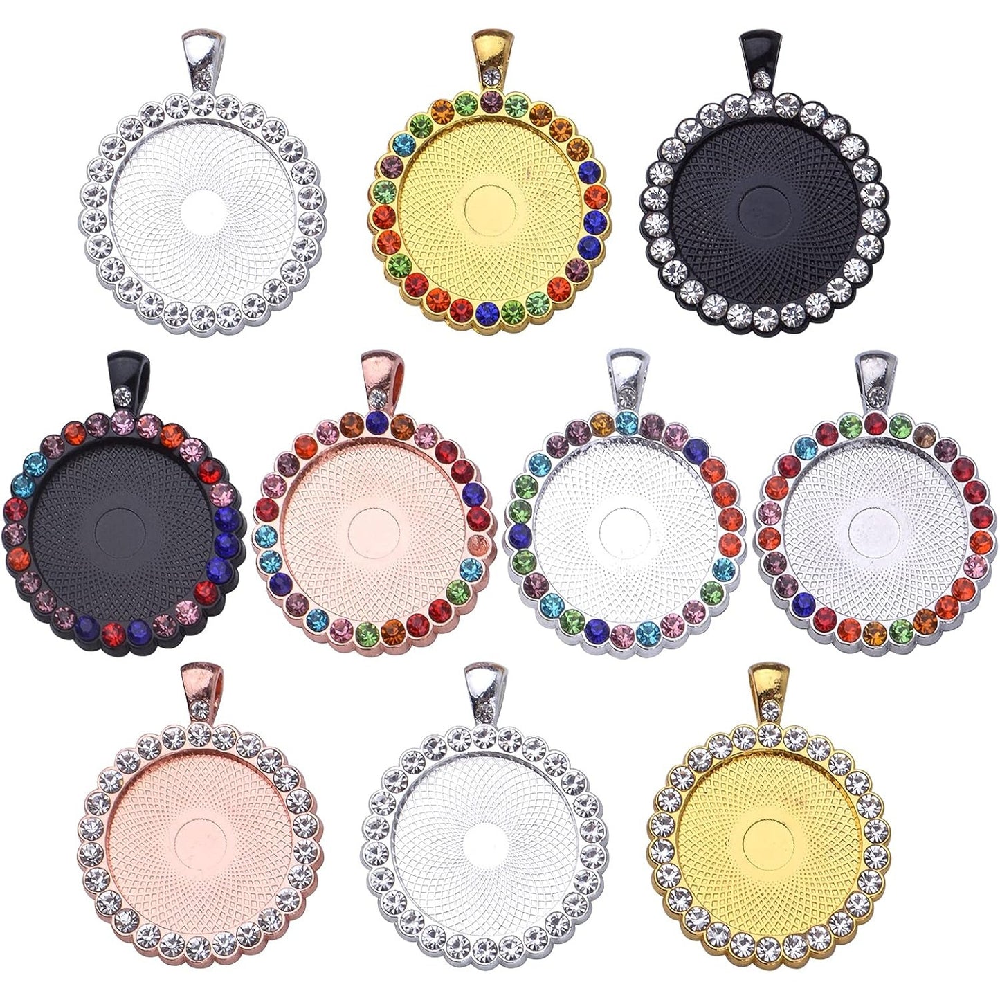 10pcs Rhinestone Bezel Pendant Trays Round Pendant Tray Blanks Cabochon Pendant Setting DIY Trays Blank Pendant Charms for Jewelry Craft Making