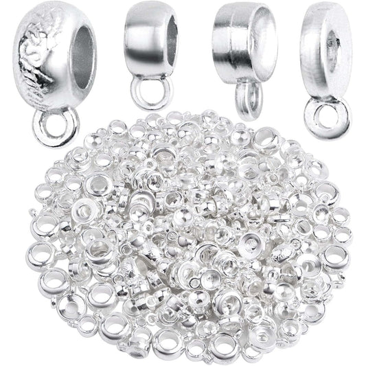 100 Gram 4 Styles Bail Tube Beads Alloy Bail Beads Connectors Spacer Bead Hanger Links Charms for DIY European Bracelet Jewelry Making Supplies, Bright Silver