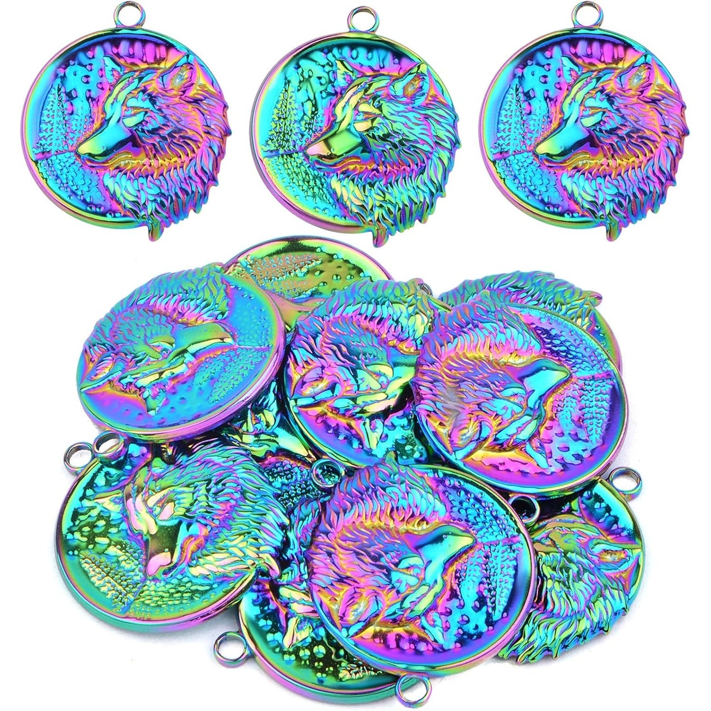 10pcs Rainbow Color Hypoallergenic Wolf Head Charms Stainless Steel Animal Head Shape Dangle Pendants Hanging Ornaments for DIY Necklace Bracelet Jewelry Making Supplies