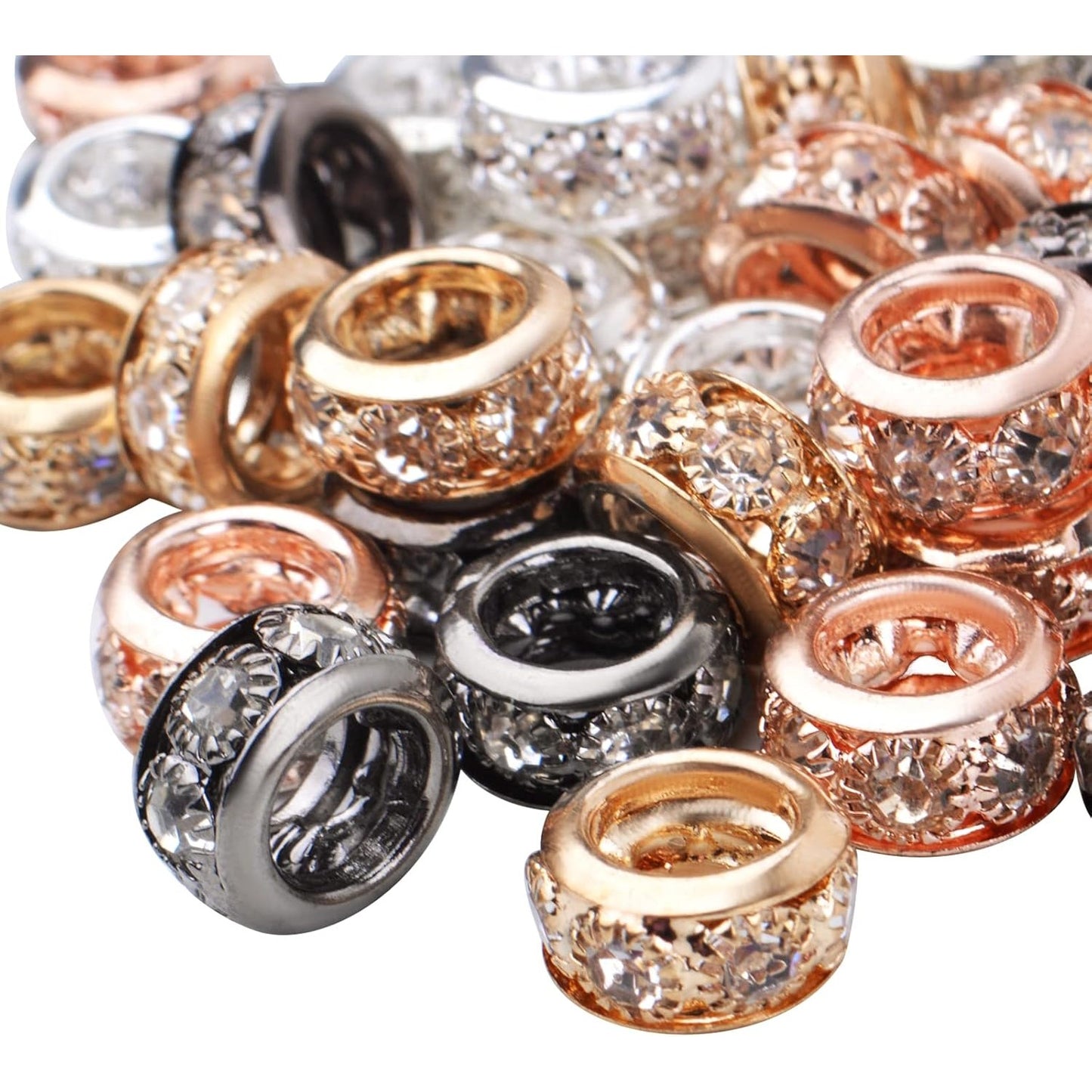 40pcs 4 Colors Crystal Rhinestone European Beads Large Hole Rondelle Spacer Beads Loose Beads for European Bracelet Snake Chain Jewelry Making Findings, 10 mm x 5 mm, Hole: 6 mm
