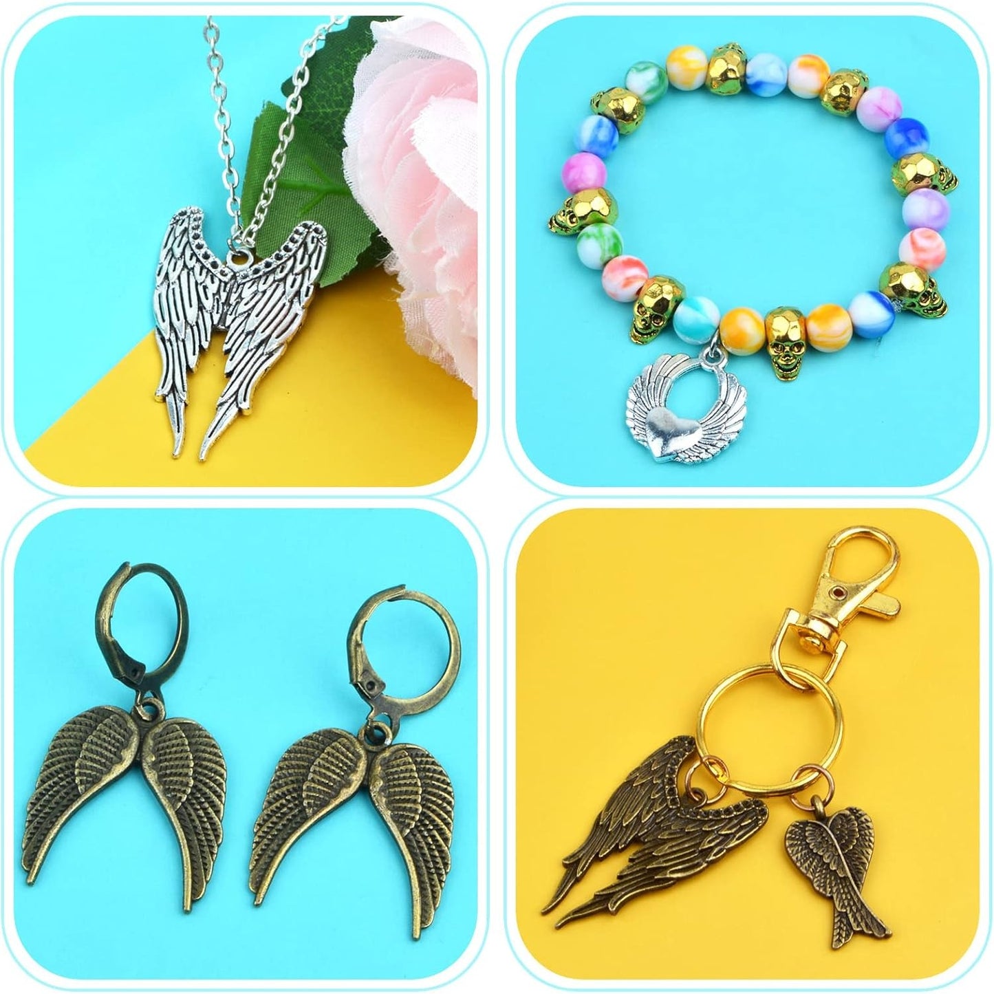 40pcs 4 Styles Angel Double Wing Charms Tibetan Style Alloy Fairy Wing Feather Bead Pendants Ornaments for DIY Craft Earring Necklace Jewelry Making Findings, 2 Colors