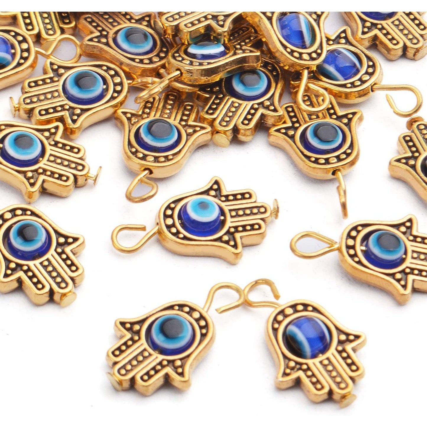 Hamsa Hand Beads Frame Charms,30 Pieces of Hamsa Evil Eye Pendant Hand of Fatima Symbol Charms Jewelry Making Findings for DIY Necklace Bracelet(Gold & Silver & Bronze)
