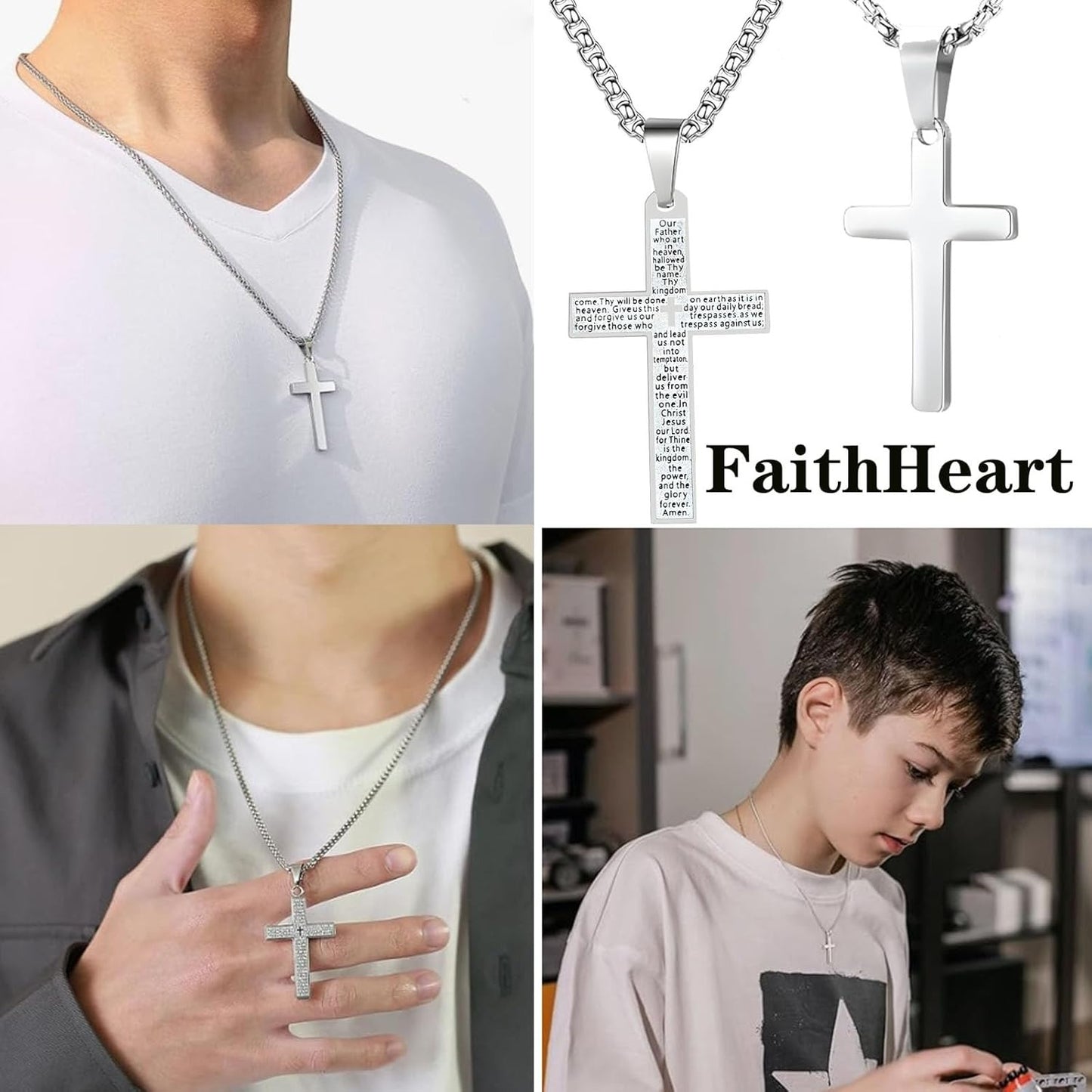 Stainless Steel Mens Womens Cross Necklace Lord's Prayer Pendant Jesus Christian Crucifix Bible Verse Charm Chain Choker Necklaces for Father Mother Easter Gifts