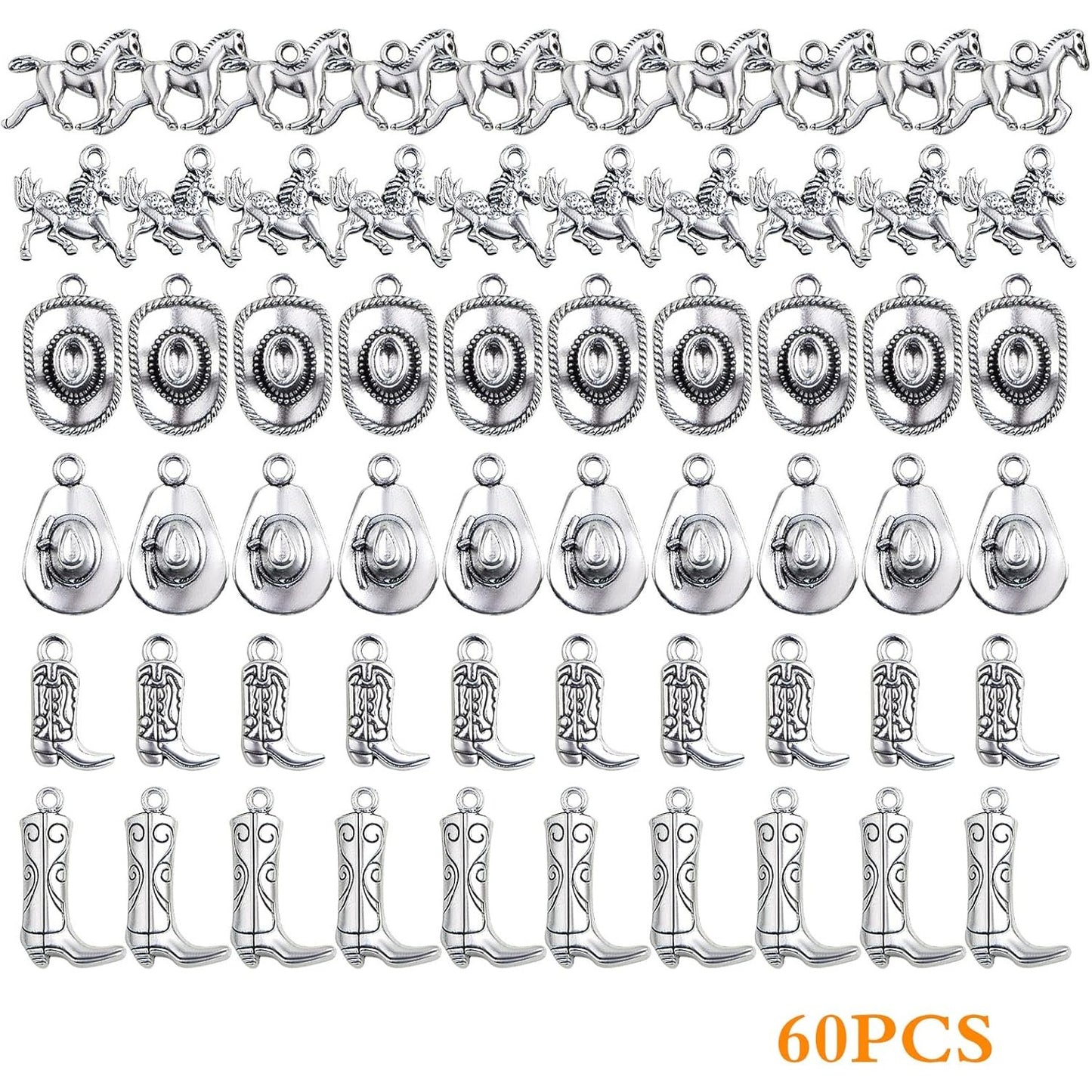 60pcs Antique Silver Western Cowboy Pendant Charms Alloy Mixed Western Horse Boot Hat Dangle Pendants for DIY Bracelet Necklace Jewelry Making Father's Day Gift, 6 Styles