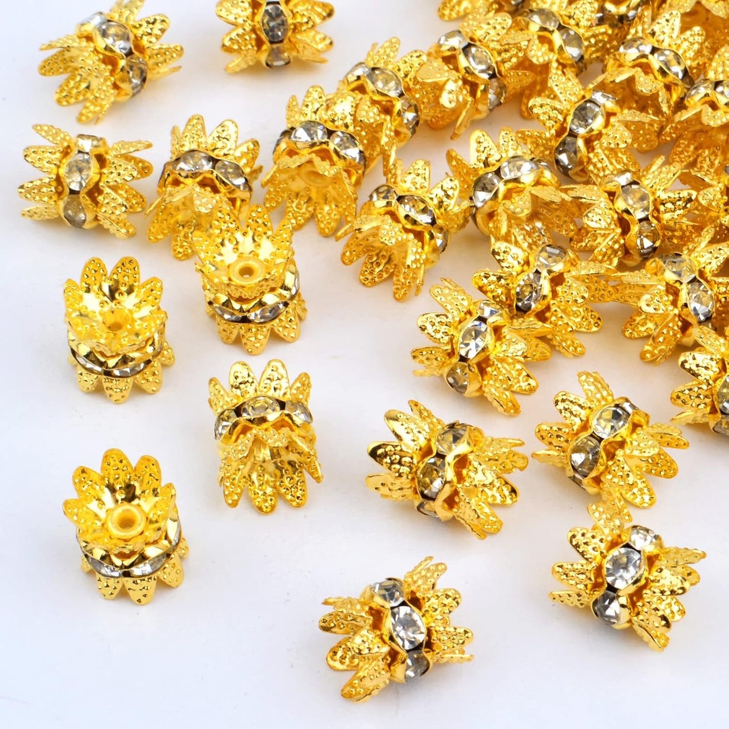 60PCS Double Flower Beads Caps with Rhinestone Petal Brass Bead Spacer Flower Caps Jewelry Making Accessories for Bracelet Necklace Earring