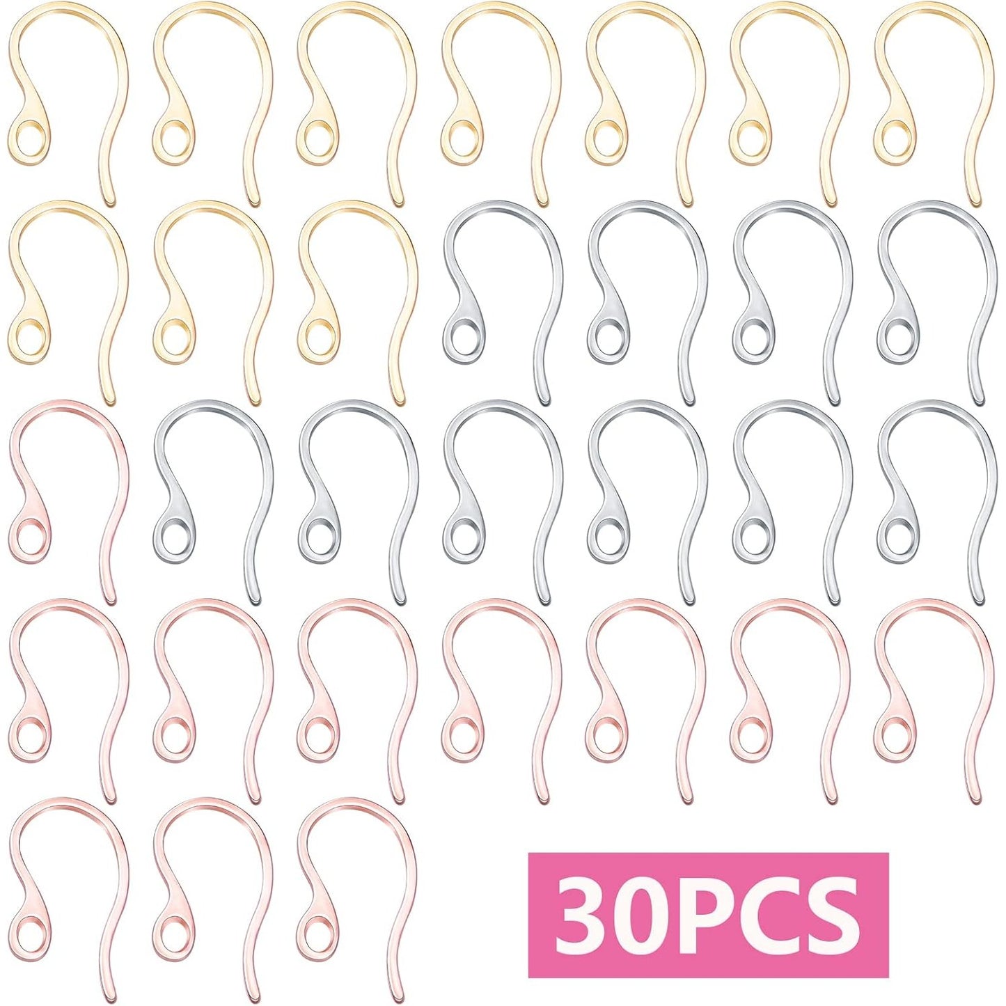 30pcs 3 Colors Stainless Steel Earring Hooks Ear Wire with Loop Hole Earring Findings for DIY Dangle Earrings Jewelry Making Art Craft Projects, 22.7 mm x 11.7 mm