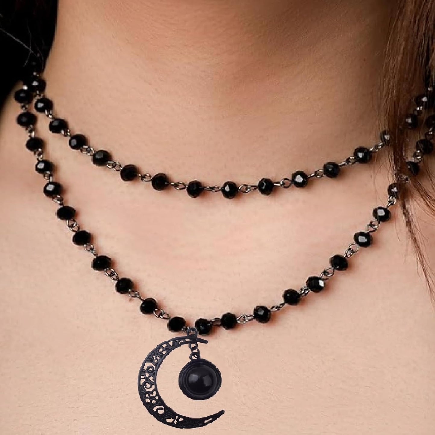 Gothic Y2K Layered Crescent Moon Necklace Black Beaded Pendant Choker Chain Moon Drop Dangle Earrings Goth Jewelry Sets for Women Ladies Halloween Party Costume Accessories