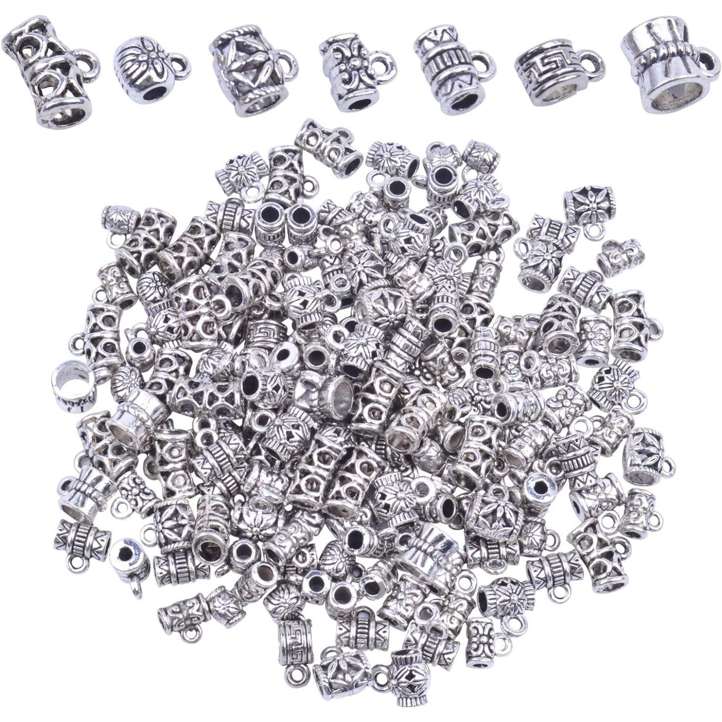 100g (About 130-170pcs) Mixed Antique Tibetan Silver Bail Beads,Spacer Bead,Bail Tube Beads,Bracelet Charms,Necklace Pendants for Jewelry and Craft Making(Small Size)