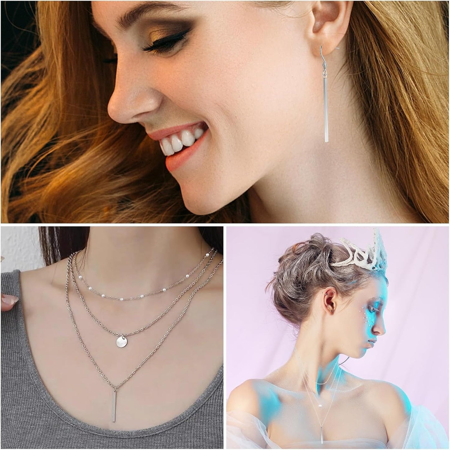 1 Set Stainless Steel Triple Layered Necklace Bead Chain Collars Long Necklace Chokers Coin Long Bar Pendant Necklaces Collars and 1 Pair Bar Pendant Earrings for Women Gift