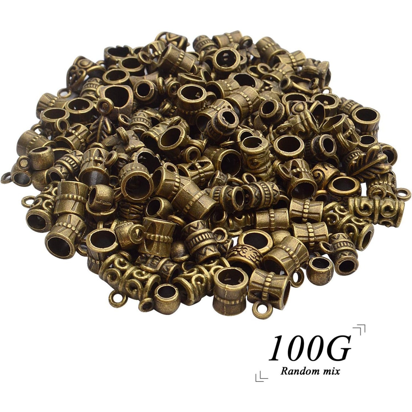 Tibetan Mixed Bail Beads Connectors - 100 Gram Metal Tube Bail Beads & Spacer Hanger Links for European Charm Jewelry Making, Antique Bronze