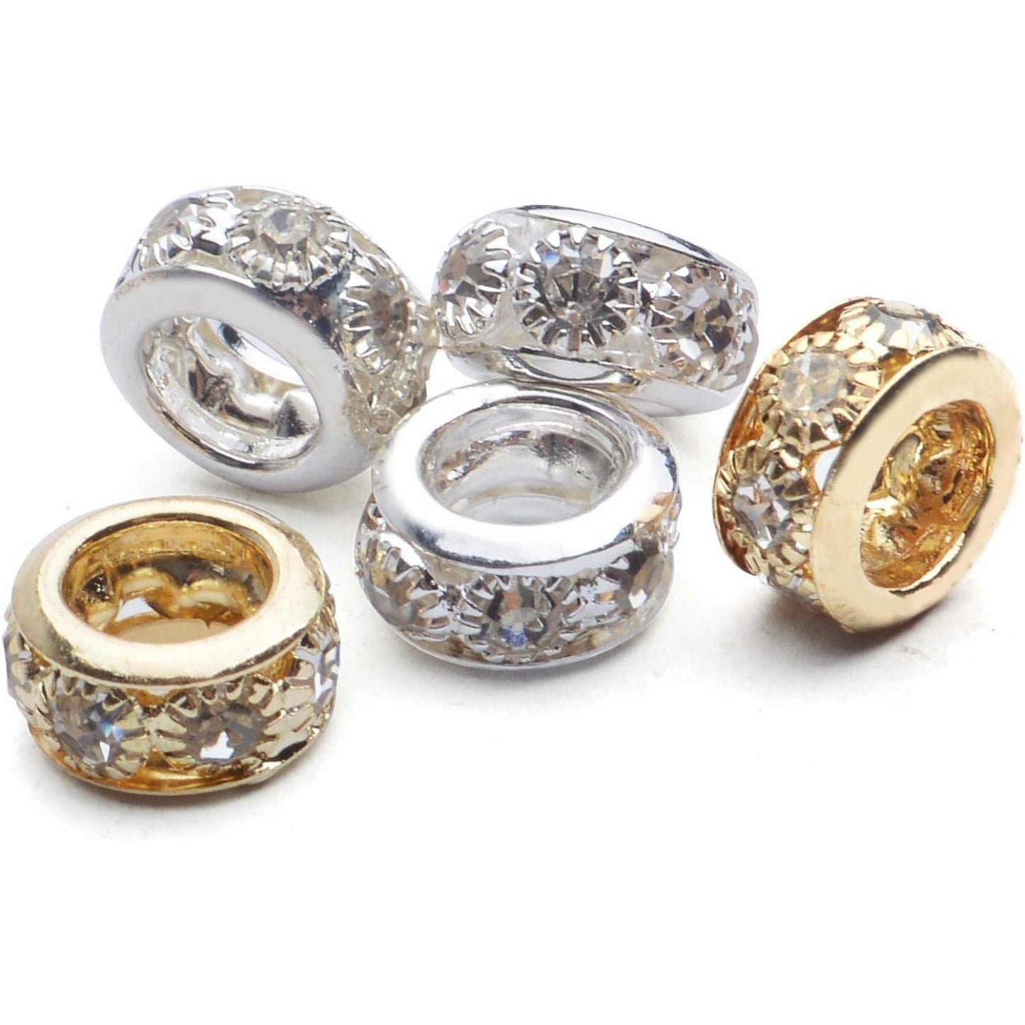 Large Hole Rhinestone Beads,40pcs 10mm Spacer Beads Crystal Pave Brass Beads Rondelle Beads Fit European Bracelet Snake Chain Jewelry DIY