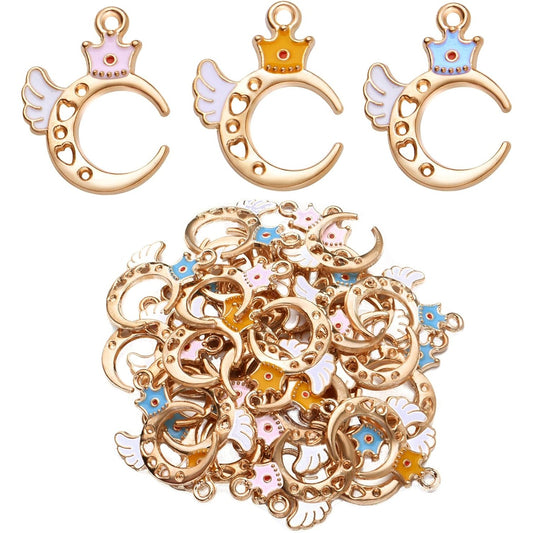 30pcs Enamel Moon Charms Alloy Crescent Charm with Crown Vintage Celestial Pendants Crafts Supplies for DIY Earrings Necklace Bracelet Jewelry Making Findings, 3 Colors
