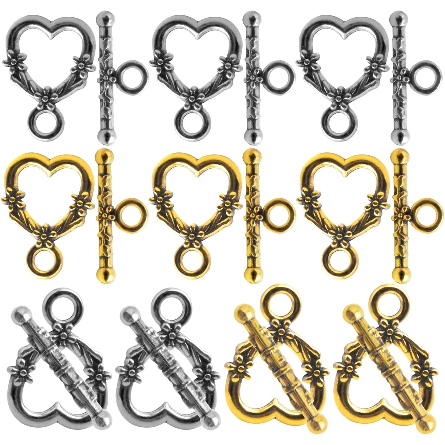 40 Sets Antique Alloy Toggle Clasps T-bar Closure Clasps Flower Heart Clasps Fastener Toggle End Clasps Connectors for Necklace Bracelet Jewelry Making Supplies, 2 Colors