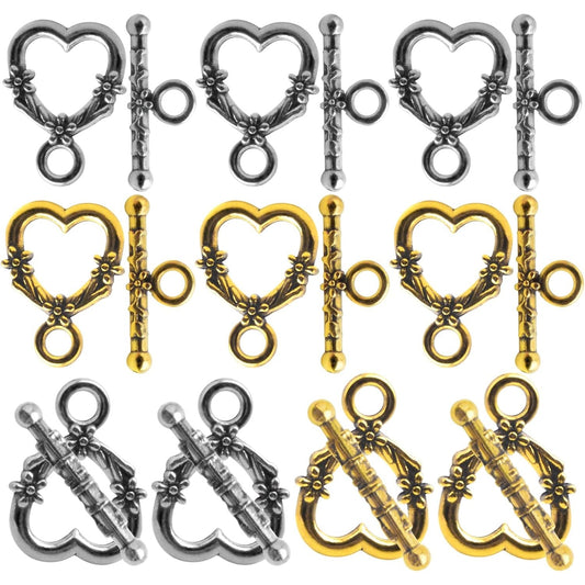 40 Sets Antique Alloy Toggle Clasps T-bar Closure Clasps Flower Heart Clasps Fastener Toggle End Clasps Connectors for Necklace Bracelet Jewelry Making Supplies, 2 Colors