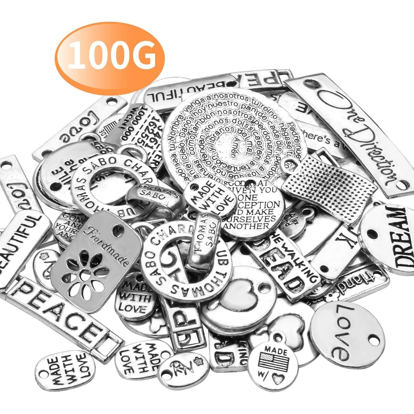 Inspiration Words Charms, 100g (40-60pcs) Mix Lettering Saying Pendants Engraved Motivational Charms Beads for Crafting, Jewelry Findings Making Accessory for DIY Necklace Bracelet