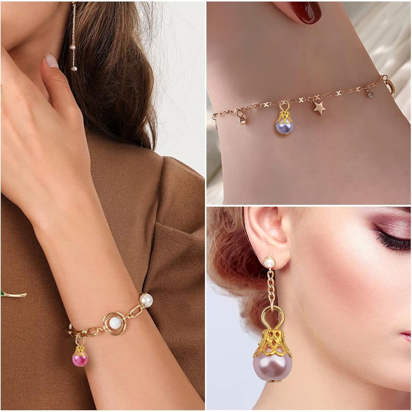 50pcs Imitation Pearl Dangle Charms Golden Filigree Flower Cap Drop Bead Pendants Jewelry Accessories for DIY Necklace Earrings Birthday Party Gifts, 10 Colors