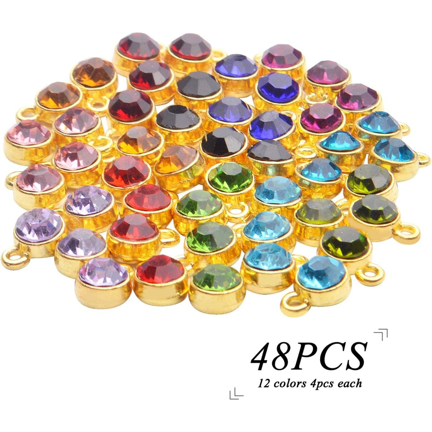 Crystal Birthstone Charms, 48pcs Crystal Birthstone Charms DIY Round Beads Pendant with Rings Handmade Crystal Charm for Necklace Bracelet Earring Jewelry Making, 10x7mm, 12 Colors