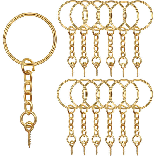 50pcs 25mm Split Key Ring with Extend Chain and 12mm Screw Eye Pin for Craft Charm Making,Gold