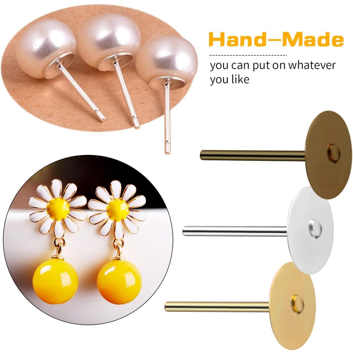 300pcs Stainless Earring Posts Flat Pads with 300pcs Clear Bullet Earring Backs for Jewelry Making,Gold Silver Bronze
