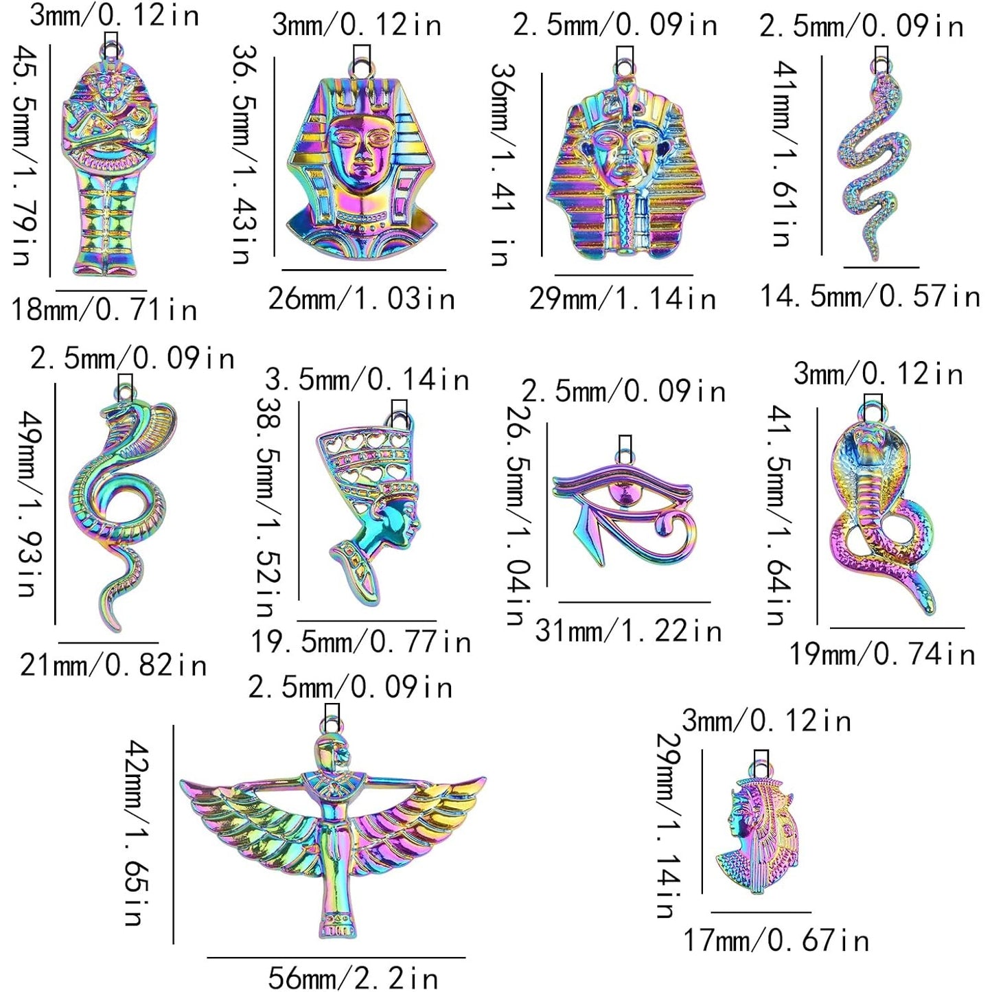 10pcs Rainbow Color Ancient Egypt Charms Mixed Pyramid Chief Snake Pharaoh Horus Eyes Cobra Winged Goddess Isis Pendants for DIY Jewelry Making Craft Supplies, 10 Styles