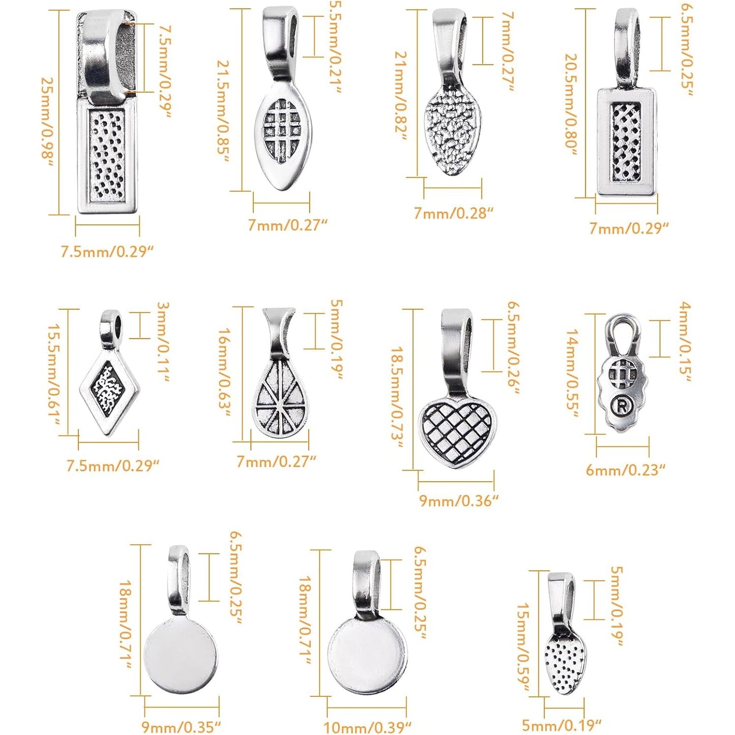 100 Gram Mixed Styles Tibetan Glue-on Bails Pendants Alloy Earring Bails Scrabble Making Supplies Glass Cabochon Tiles for DIY Necklace Bracelet Jewelry Making, Antique Silver