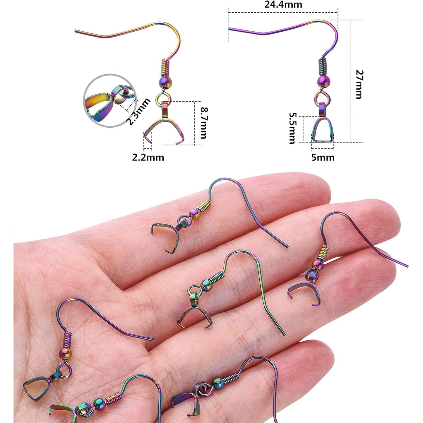 50pcs Stainless Steel Hypoallergenic Earring Hooks With Pendant Clasp for DIY Jewelry Making Accessory, Rainbow Color
