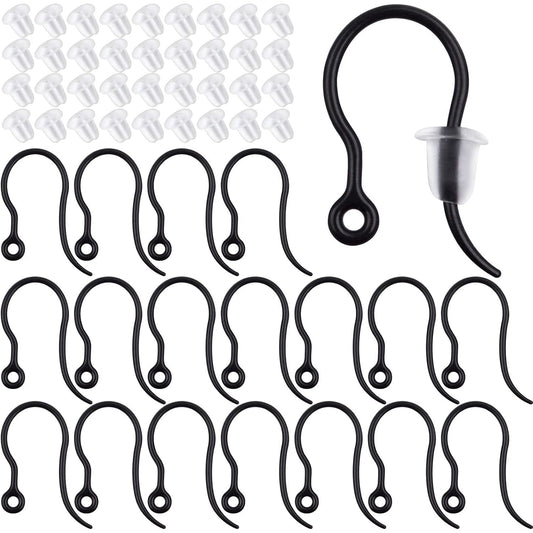 100pcs Black Plastic Earring Hooks French Earwire Fish Hooks with Loop and 100pcs Clear Earring Safety Backs for Women DIY Earrings Jewelry Making