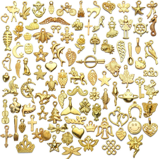 100pcs Gold Plated Charms Mixed Pendant Animals Plants Stars Charms for Necklace Bracelet Jewelry Making and Crafting