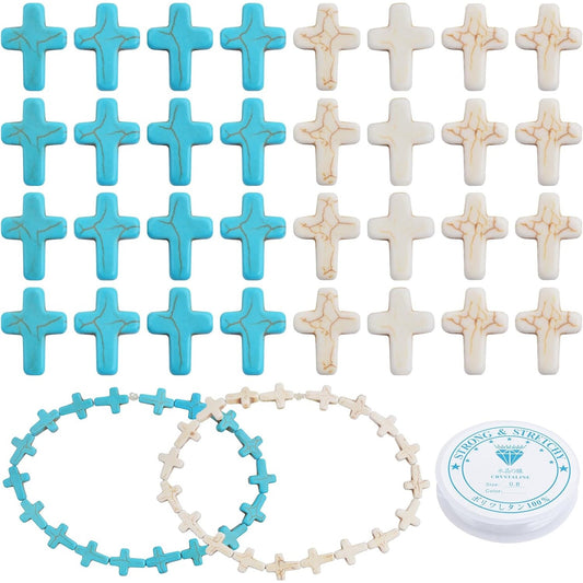 4 Strands(70pcs) Synthetic Turquoise Cross Scattered Beads Cross Crucifix Loose Gemstone Beads with 1 Roll of Crystal Cord for DIY Bracelet Crafts Jewelry Making Supplies, 2 Colors