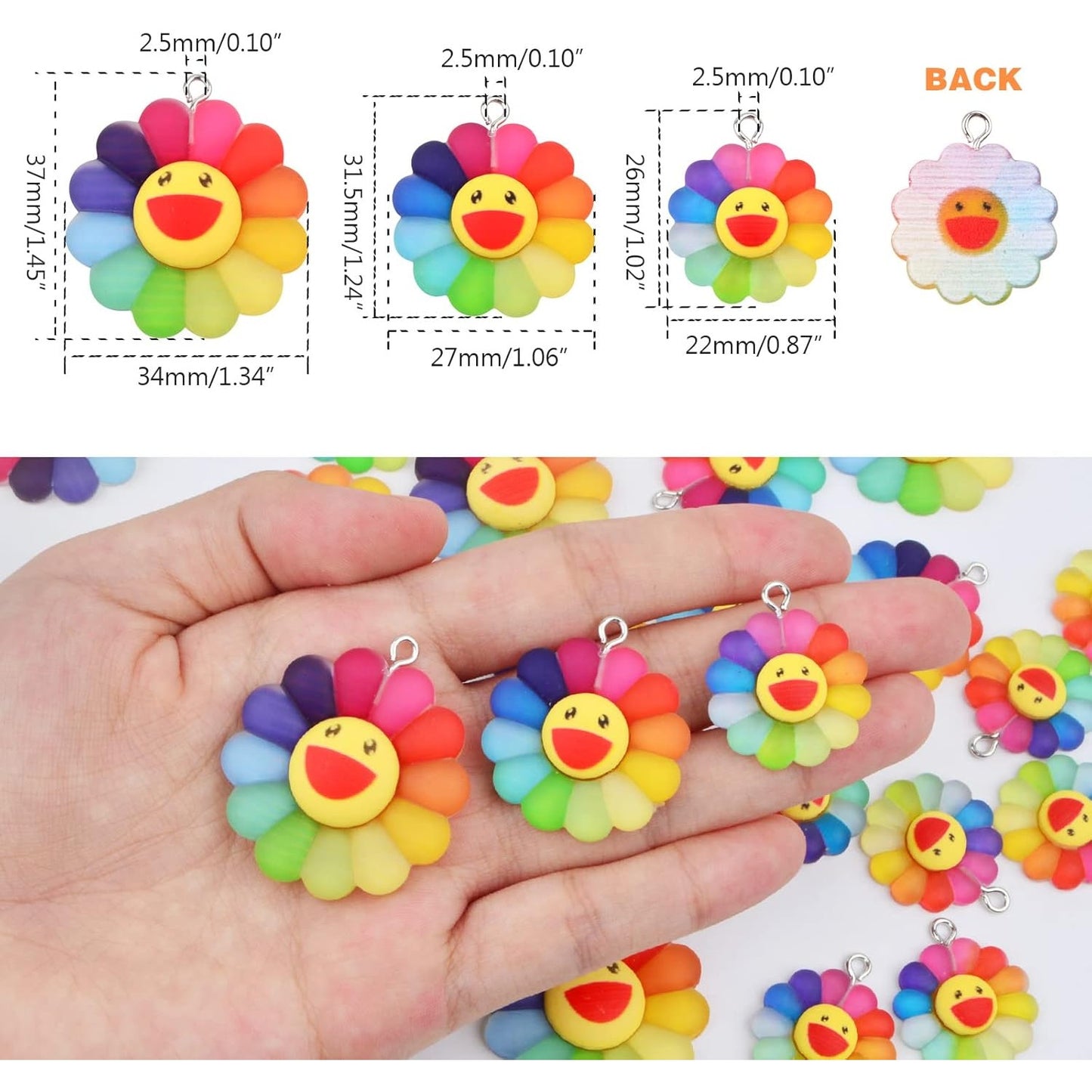 30pcs Colorful Smiley Face Sunflower Charms Matte Resin Rainbow Sun Flower Dangle Pendants Collection Crafts for DIY Bracelet Necklace Earring Jewelry Making, 3 Sizes
