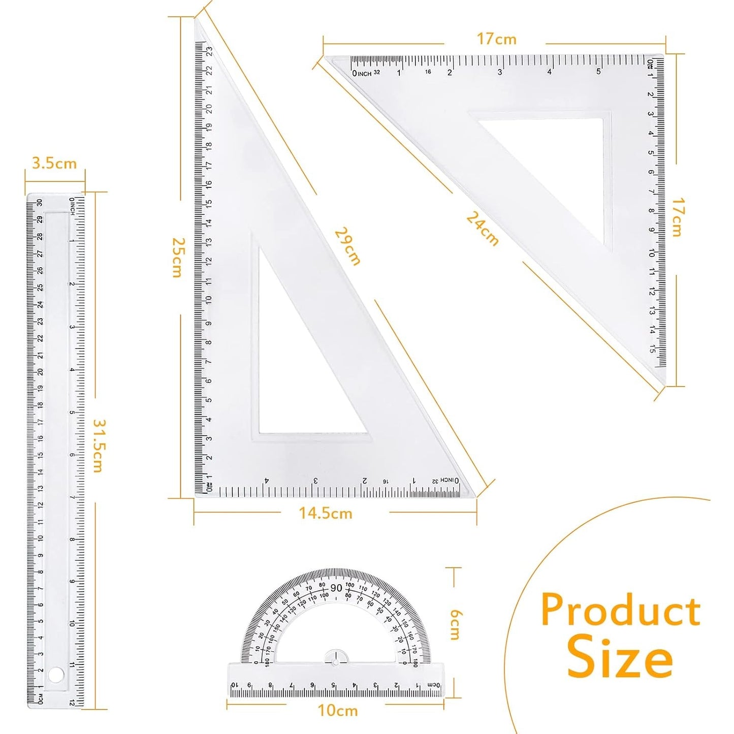 4pcs Math Geometry Tool Set, Including 1pcs Clear Plastic Straight Ruler, 1pcs Protractor and 2pcs Triangle Rulers Drawing Drafting Tool for School Office Home Supplies