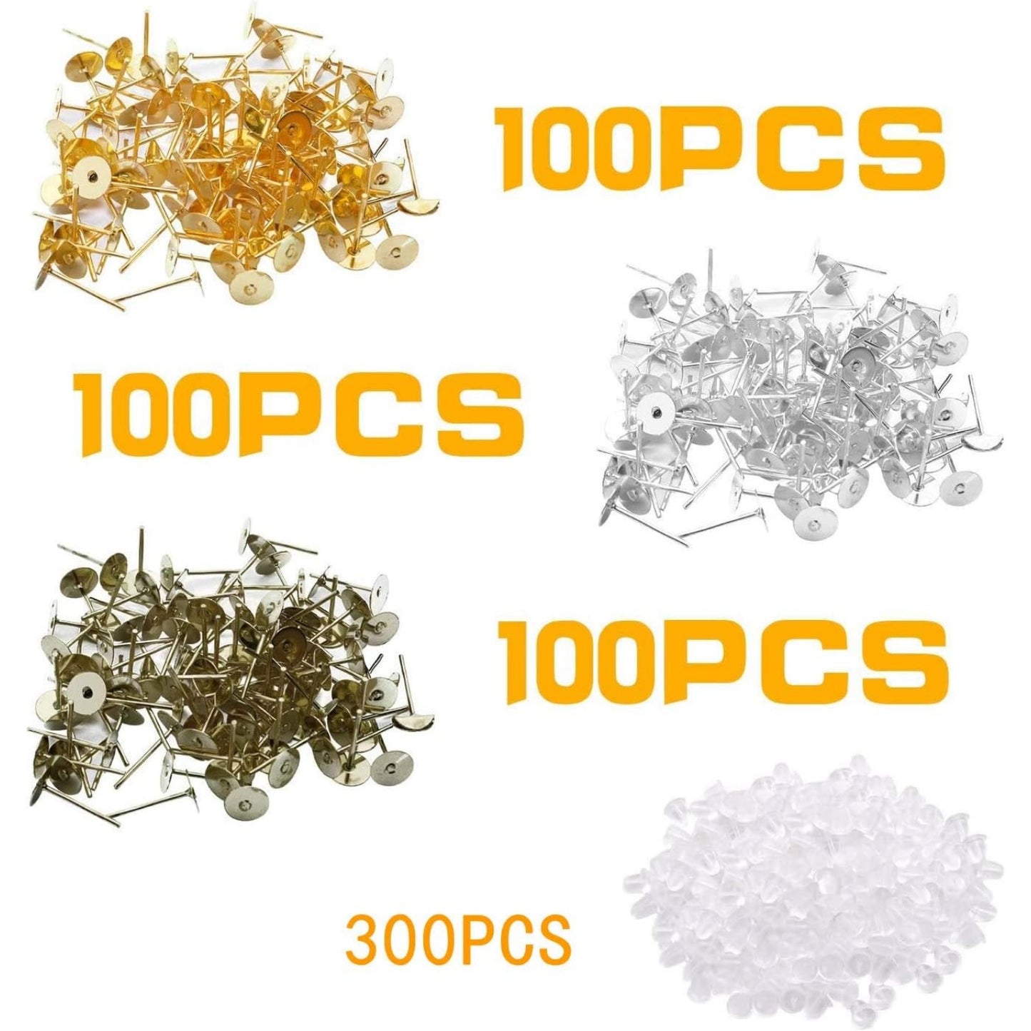 300pcs Stainless Earring Posts Flat Pads with 300pcs Clear Bullet Earring Backs for Jewelry Making,Gold Silver Bronze