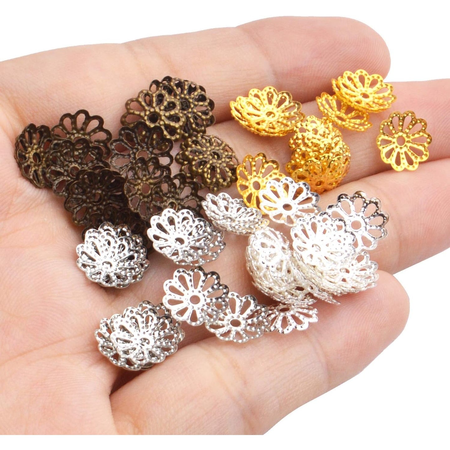 Flower Bead Caps,400pcs Tibetan Style Flower Shape Bead Caps Alloy Beads Caps Spacers for Bracelet Necklace Jewelry Making, White Golden, Golden, Silver, Antique Bronze, 9mm