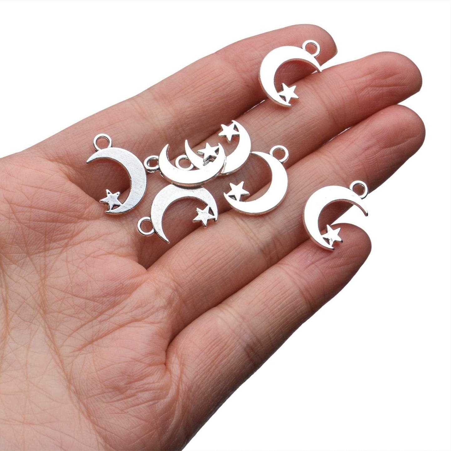100Pcs Antique Silver Alloy Star and Crescent Moon Charms Pendants Celestial Charms Beads for DIY Earrings Necklace Bracelet Jewelry Making and Crafting