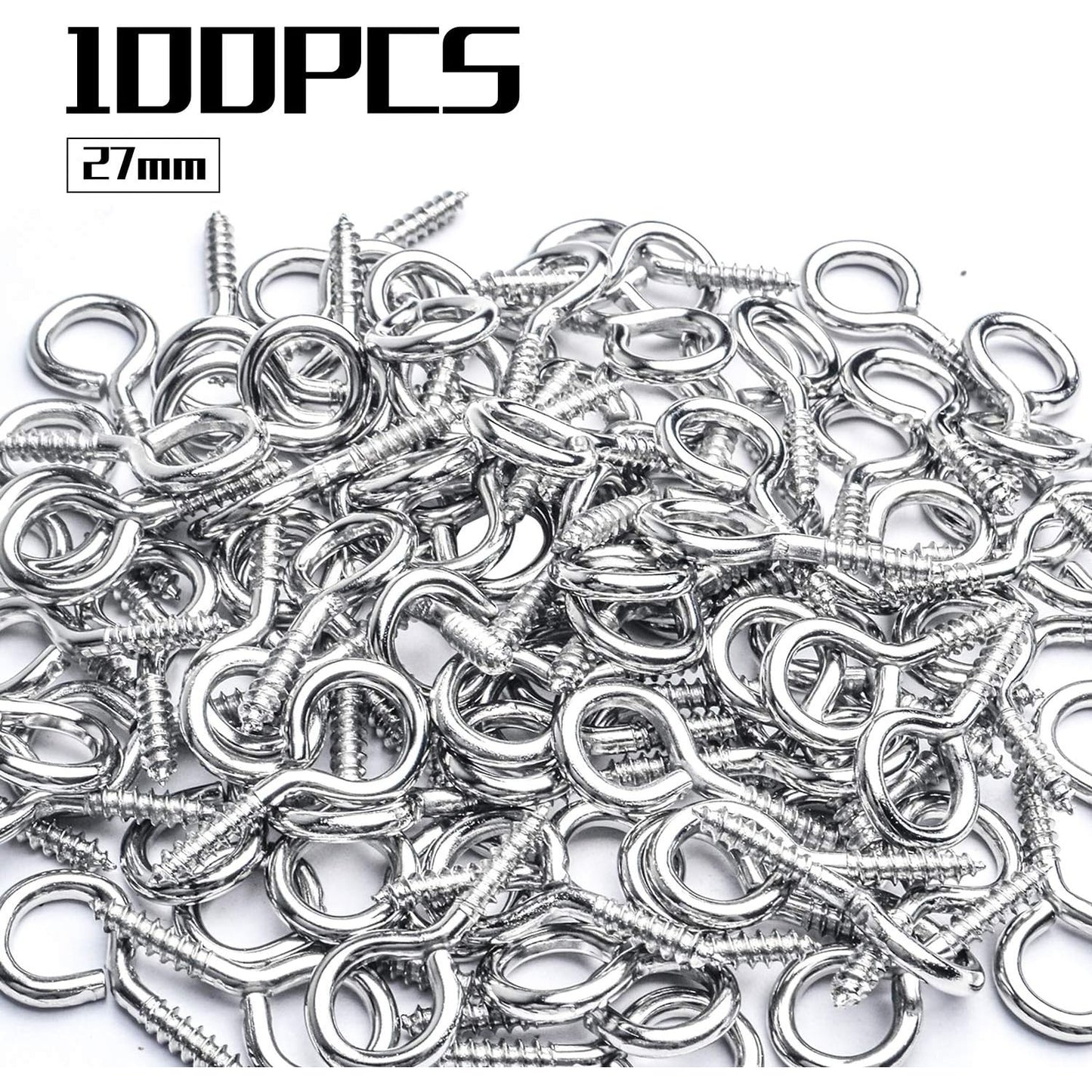 Eye Hooks Screw-in,100pcs Metal Eyes Hooks Eyelets Screw Threaded Self Tapping Eyelet Hooks 27x13mm for Resin Crafts Projects Outdoor Indoor Hanging