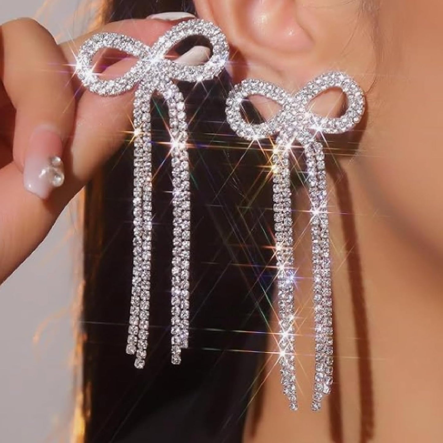 2 Pairs of Bow Rhinestone Dangle Earrings Silver Bowtie Tassels Ribbon Diamond Chain Drop Earring Studs Dangling for Women Bridal DIY Earrings Findings Wedding Prom Gift