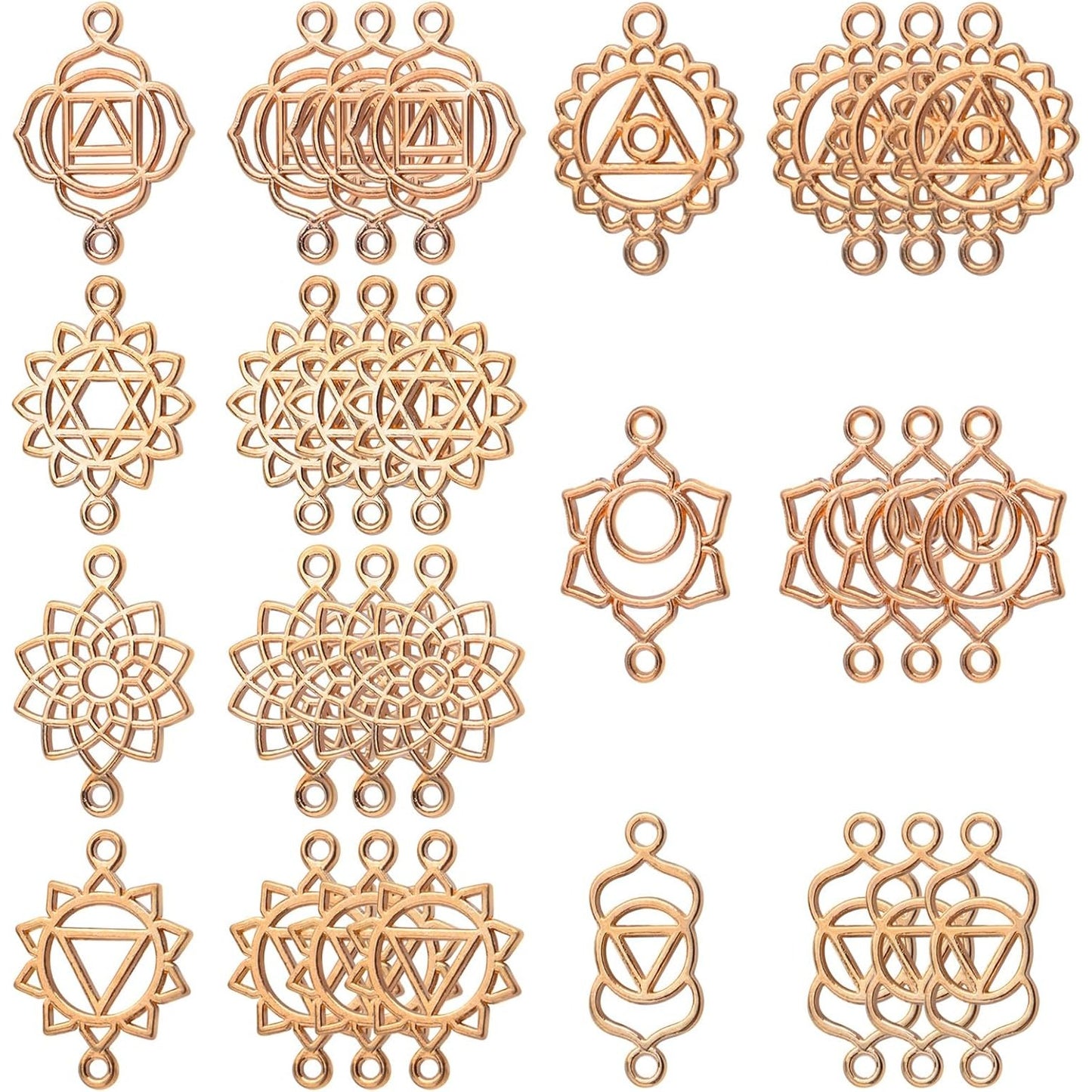 70pcs KC Golden Chakra Energy Charms Connectors Alloy Yoga Inspirational Hollow Flower Chakra Pendants Links for DIY Bracelet Necklace Jewelry Making Supplies, 7 Styles