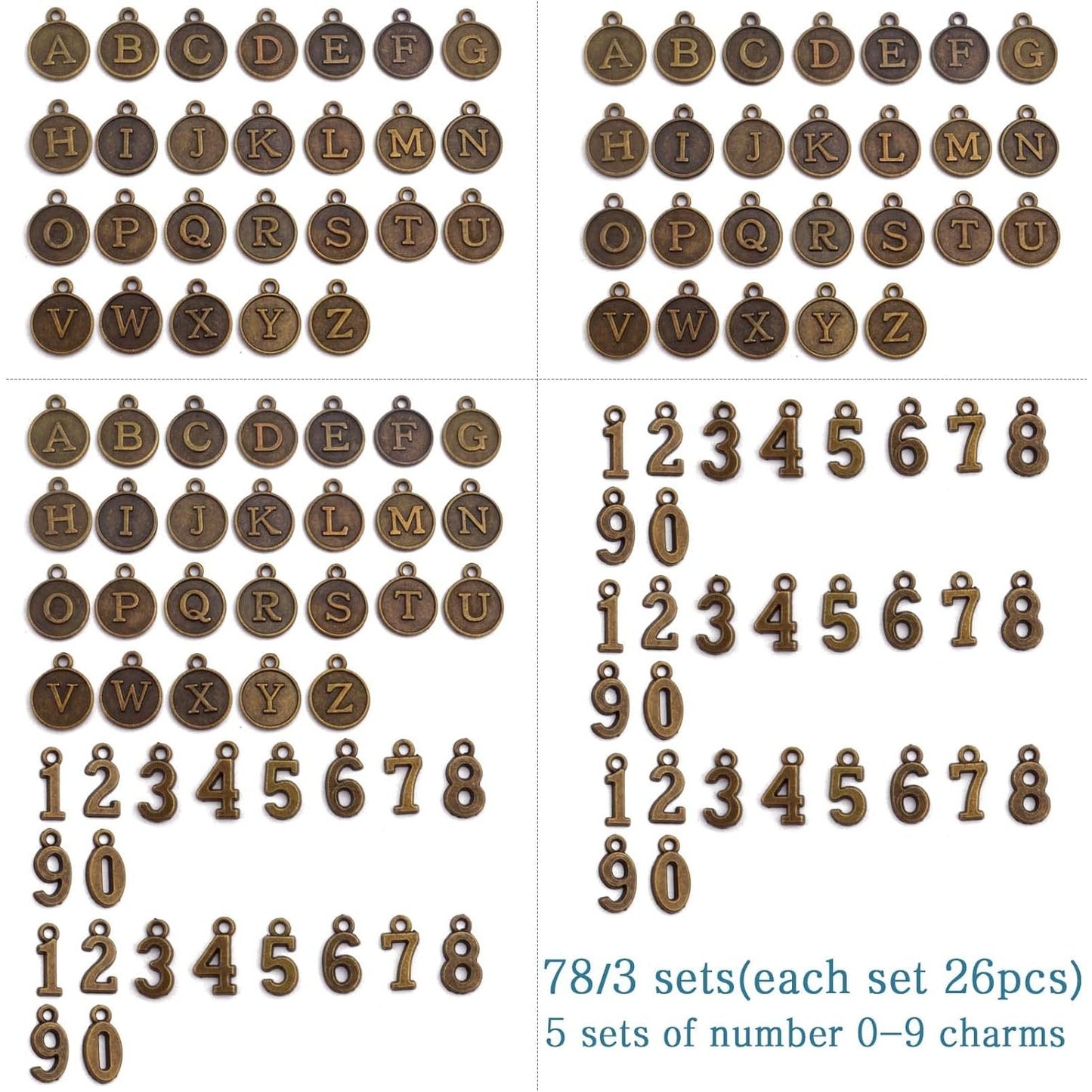 3 Sets (78pcs) Round Letter Charms 26 Alphabet A-Z Pendants and 5 Sets (50pcs) 0-9 Number Charms for Jewelry Making Crafts DIY
